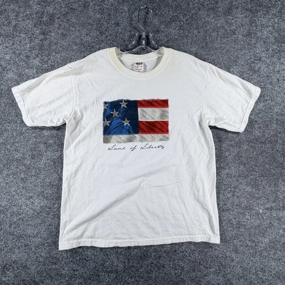 Vintage Anvil‎ Land of Liberty T-Shirt Mens M White Pre-Shrunk USA American Flag